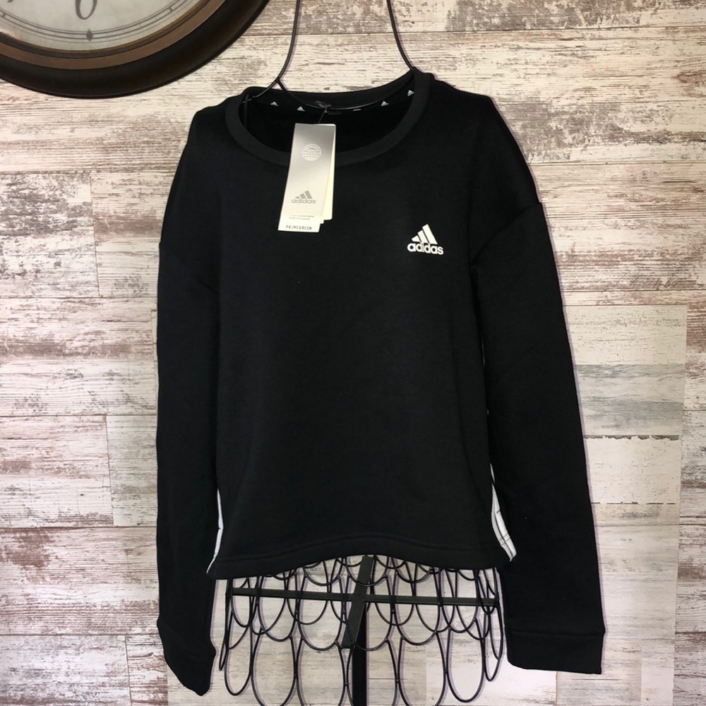 adidas Women's Primegreen Comfort Fleece Loose Cropped Black 3-Stripes T… - Picture 2 of 16